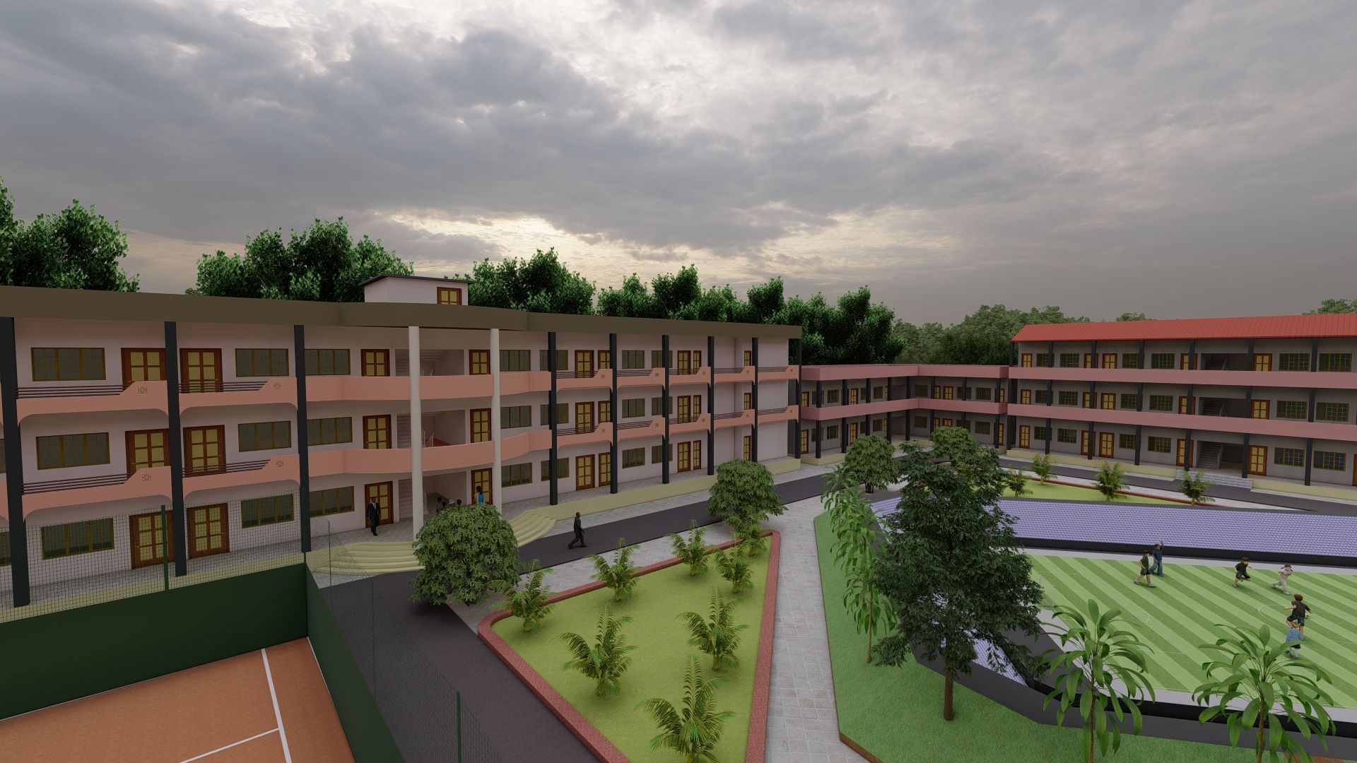 Campus of pink classroom buildings around gardens, a playfield and a sports court.