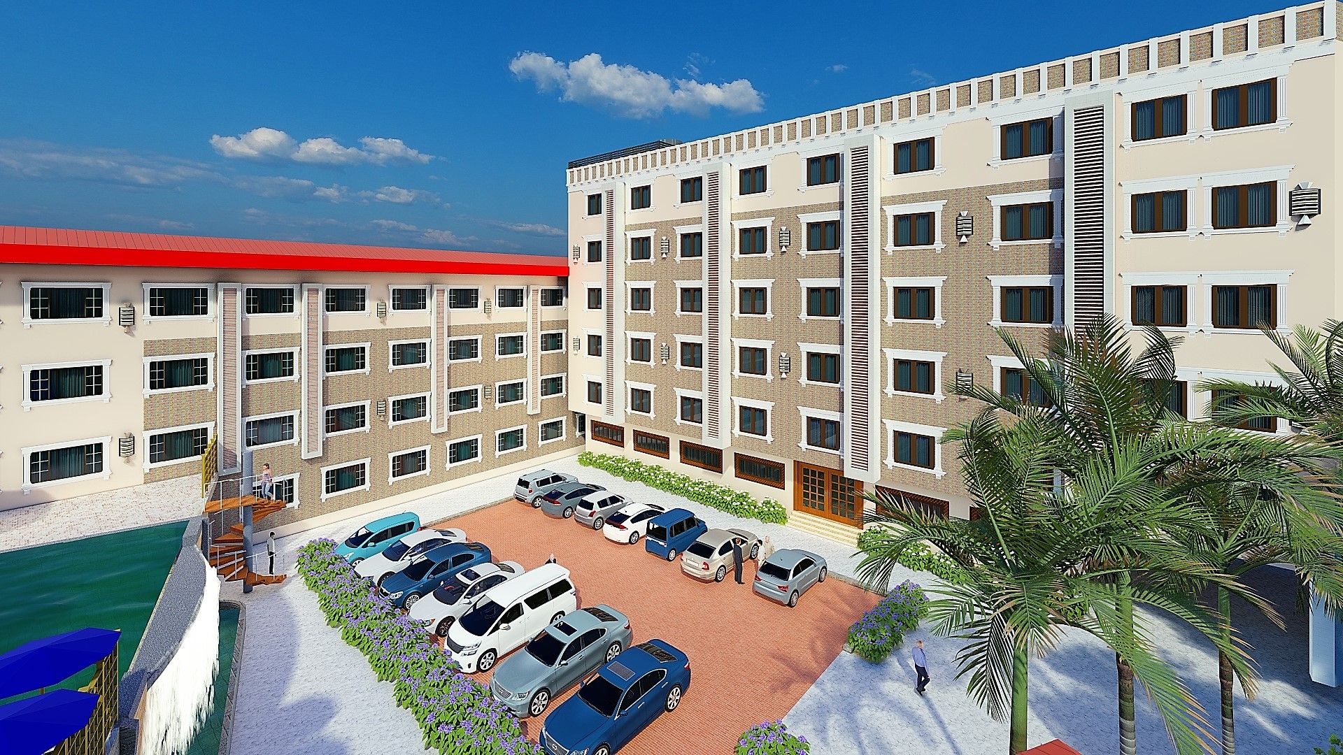 Aerial view of a multi-storey cream and brick block around a planted parking court.
