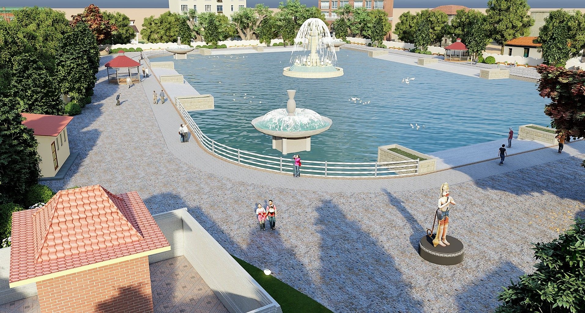 Public pond with fountains, a curved promenade and small pavilions.