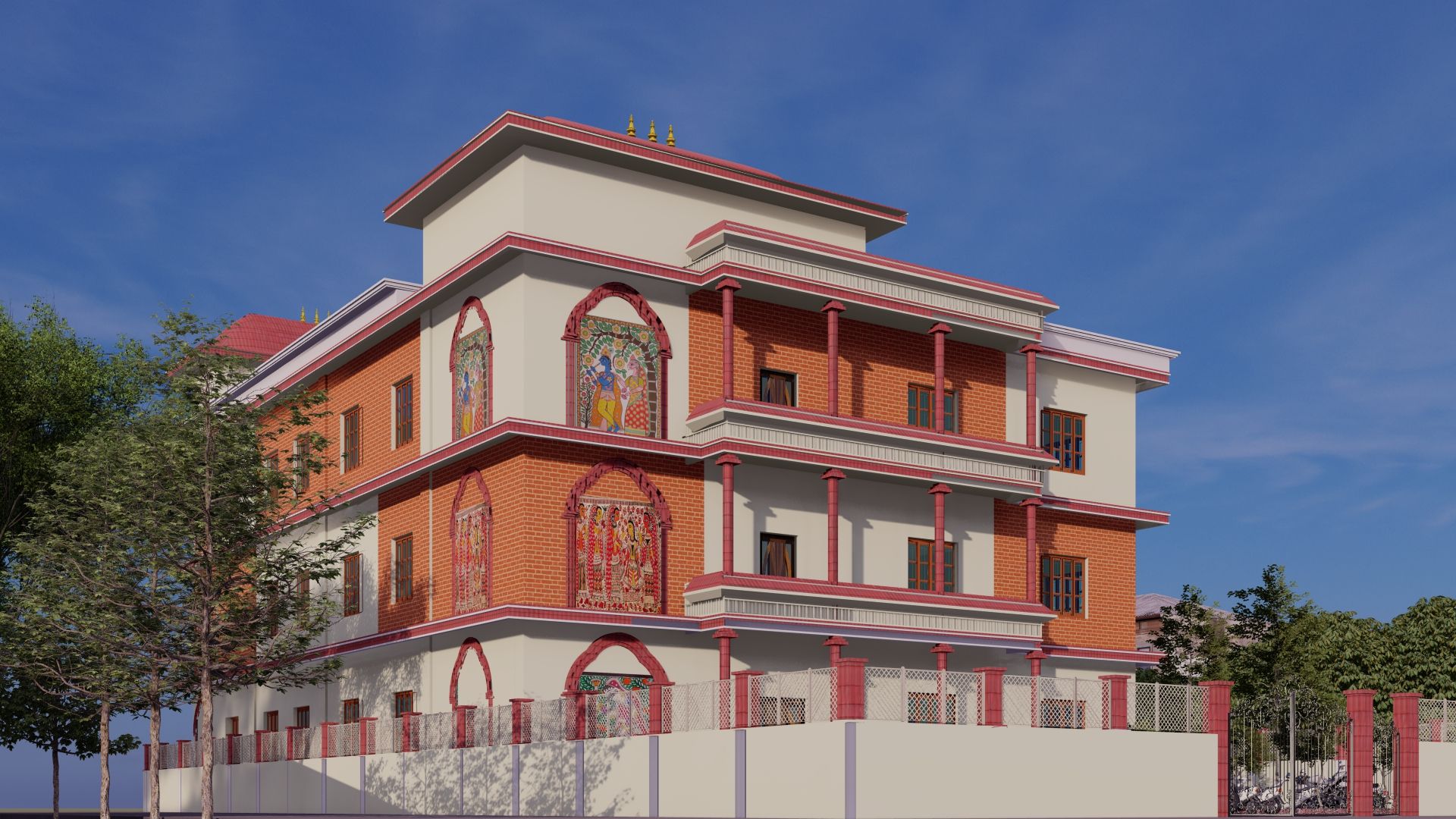 Brick residence in Janakpurdham with Mithila painted panels, balconies and a compound wall.