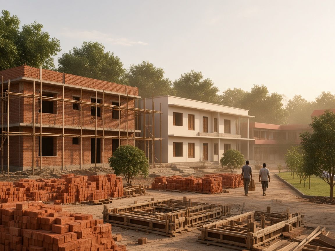 A brick building under construction beside a finished plastered wing, with materials stacked on site.