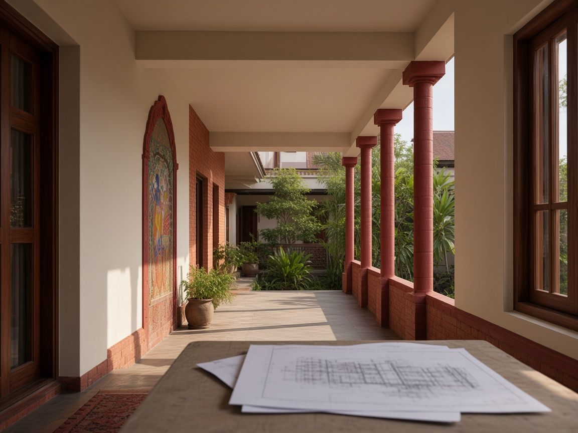 A brick veranda in Janakpur with columns, a courtyard, and architectural drawings on a table.