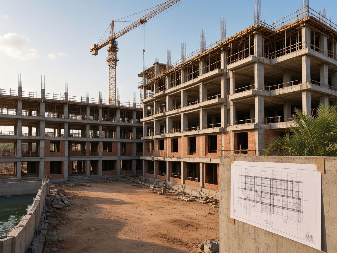 A concrete frame with brick infill under construction, with a structural drawing in the foreground.